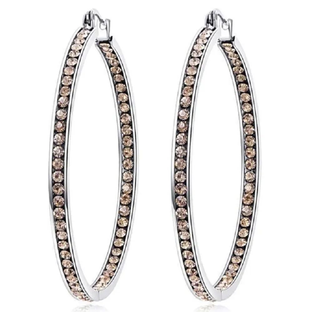 14K White Gold with Champagne Topaz Cubic Zirconia Big Hoop Latch Back Earrings